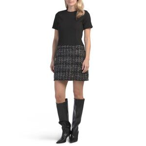 ELLEN TRACY Black Plaid Mix Media Mini Dress